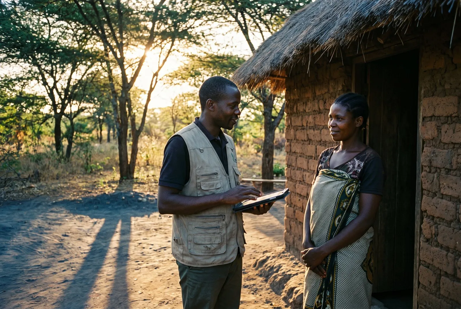 Field enumerator interviewing a respondent at a homestead