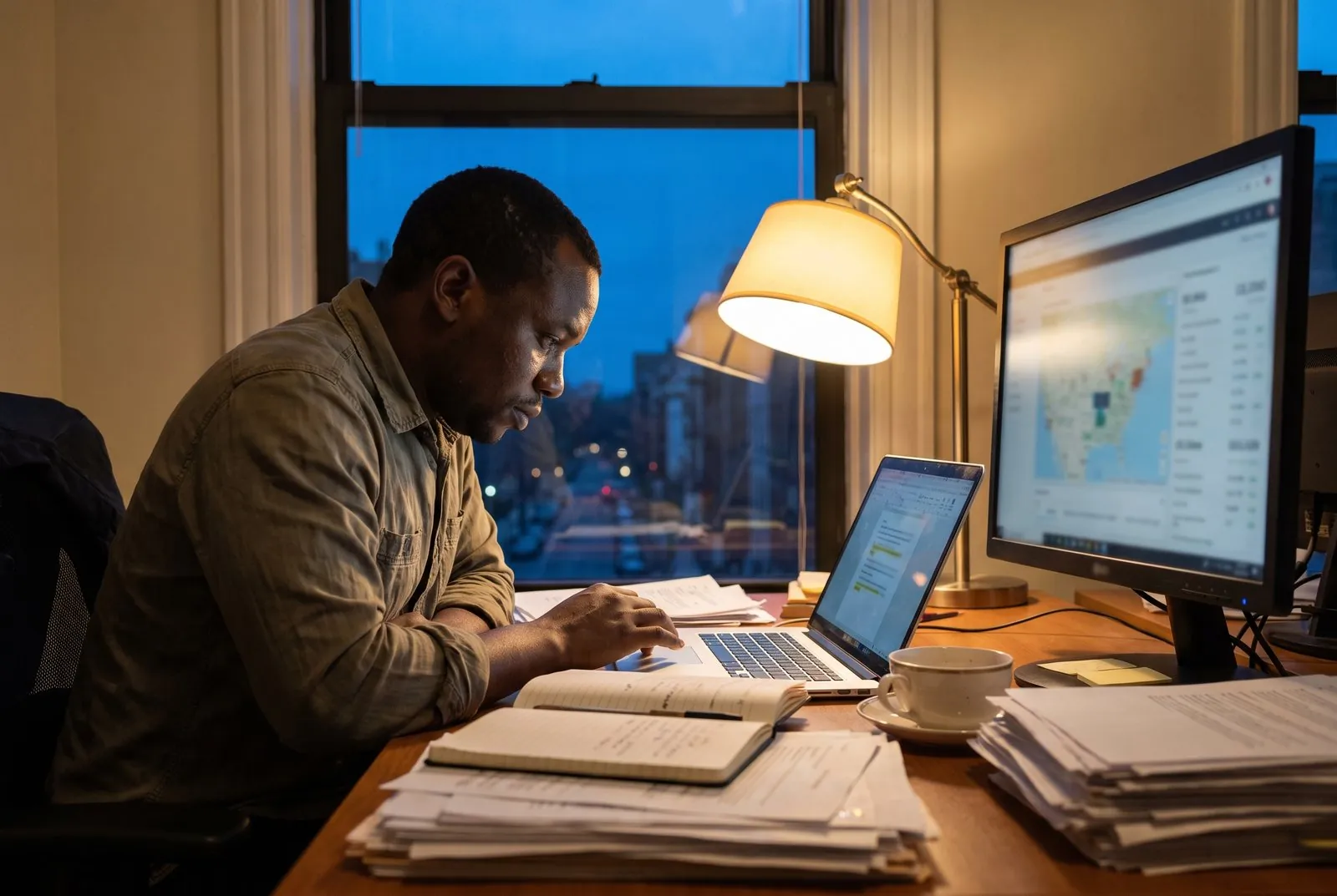 Analyst working with mapped data at dusk