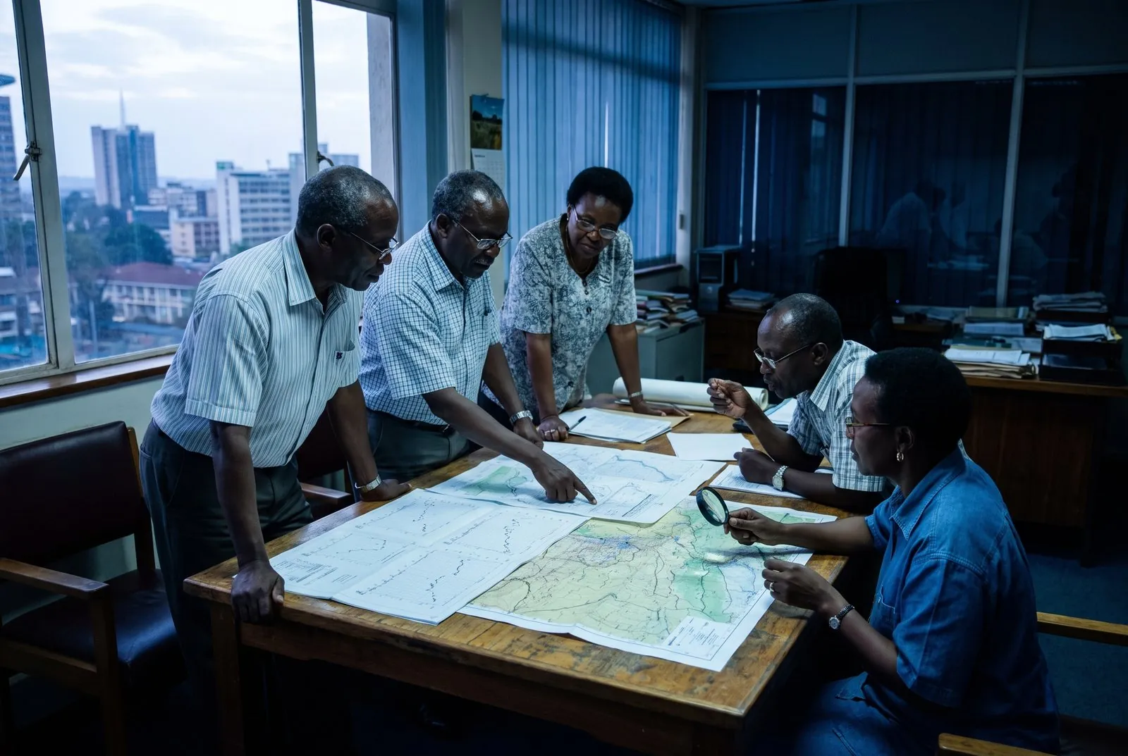 Researchers reviewing charts in an evaluation workshop